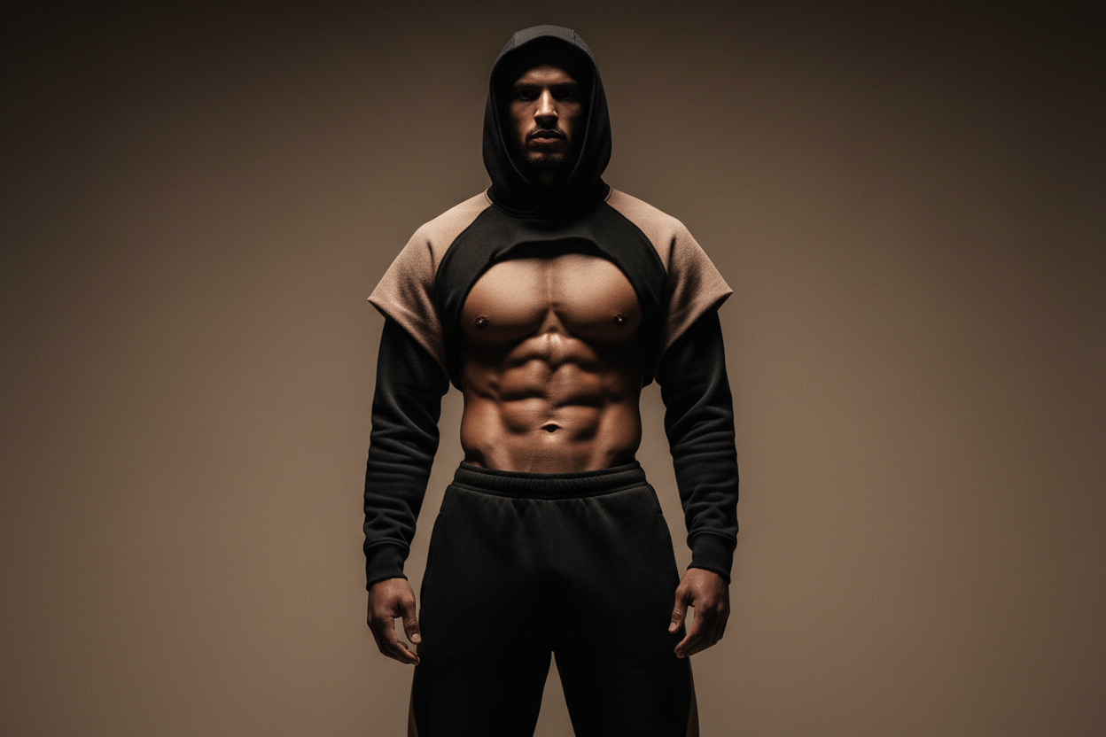 Atleta CONSTANCIA — Disciplina y tensión muscular, estética arena y negro